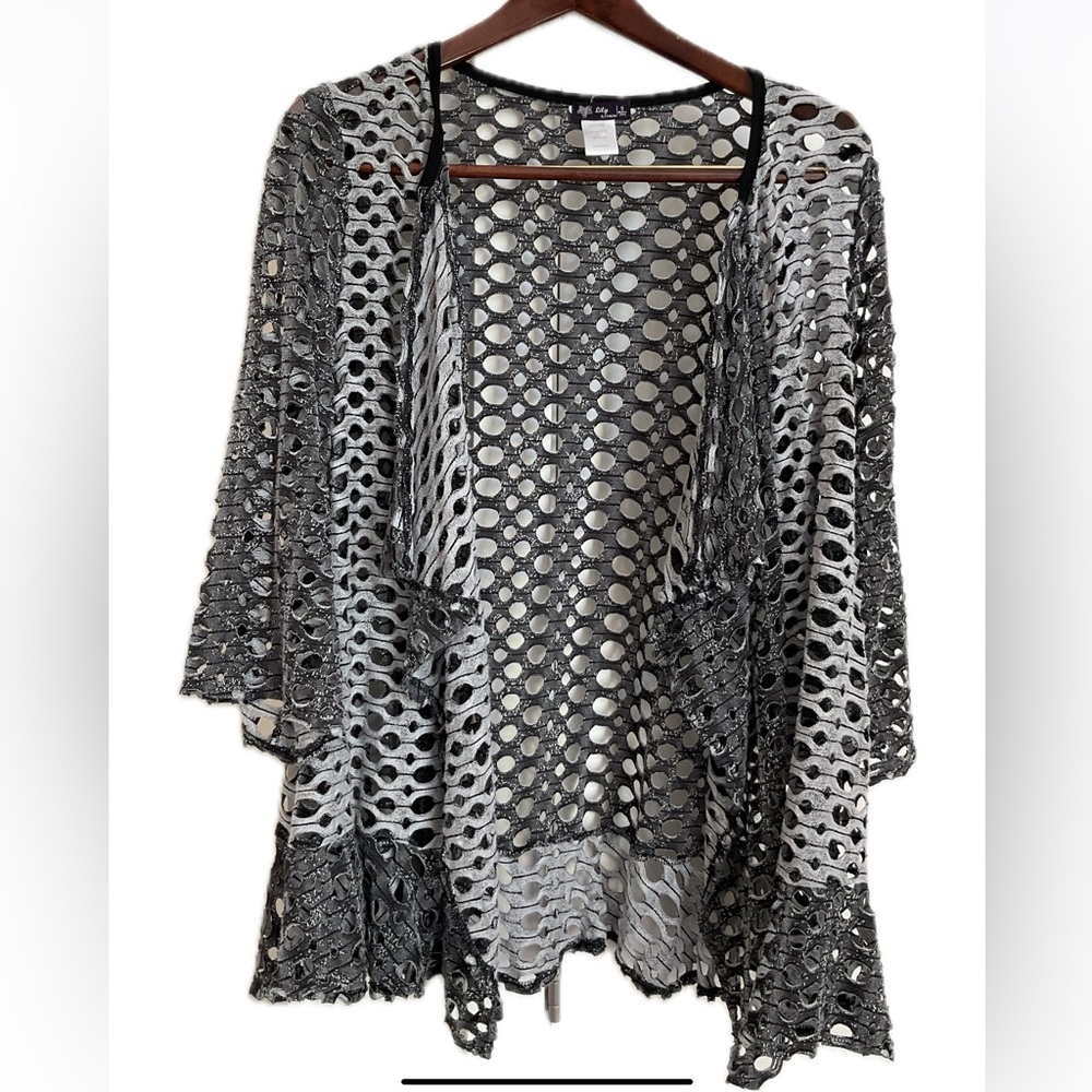 Lily by Firmiana  2 Tone Gray Waterfall Front Cardigan with Lace Pattern